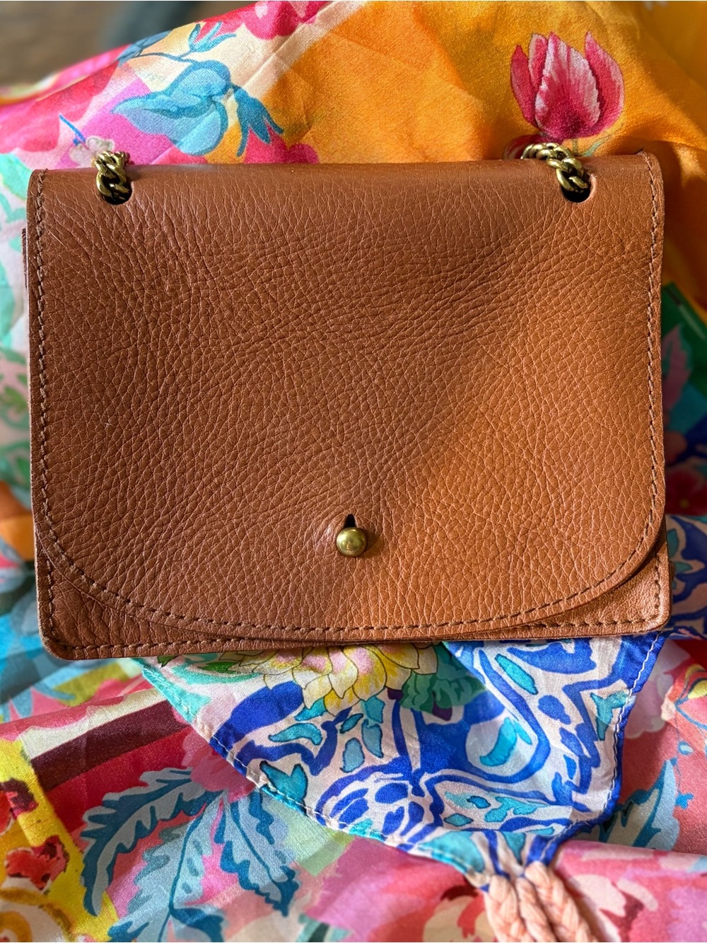 Madewell Brown Leather Crossbody Bag with Gold Chain Hardware